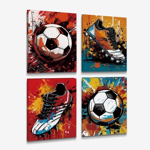 Soccer Wall Art Canvas Prints Football Art Posters,Sport Graffiti Art Painting Boys Bedroom Wall Decor Man Cave Decorations Set of 4 (8"x10") Unframed