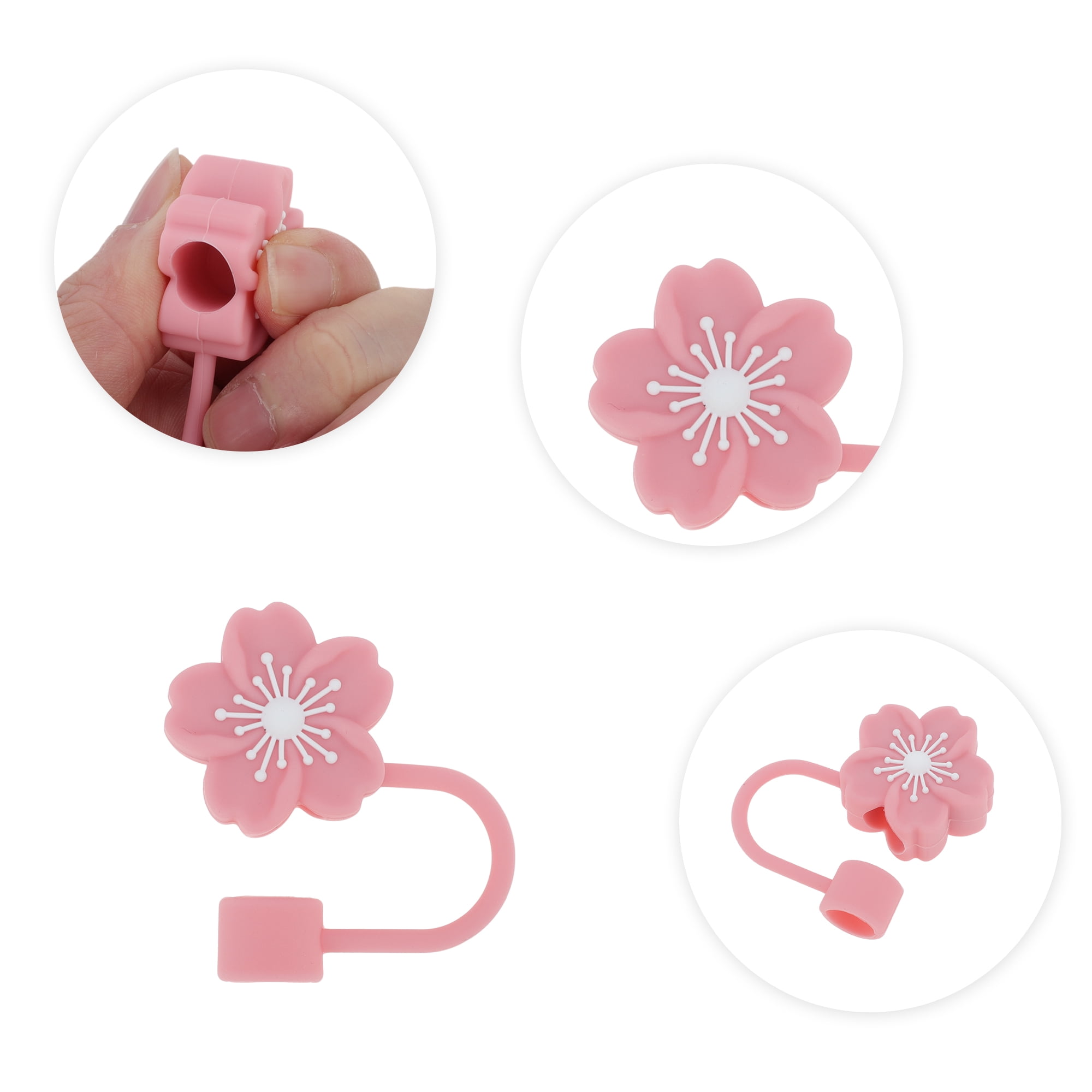 Unique Bargains 4Pcs Begonia Flower Straw Cover Cap For Cup Accessories Pink