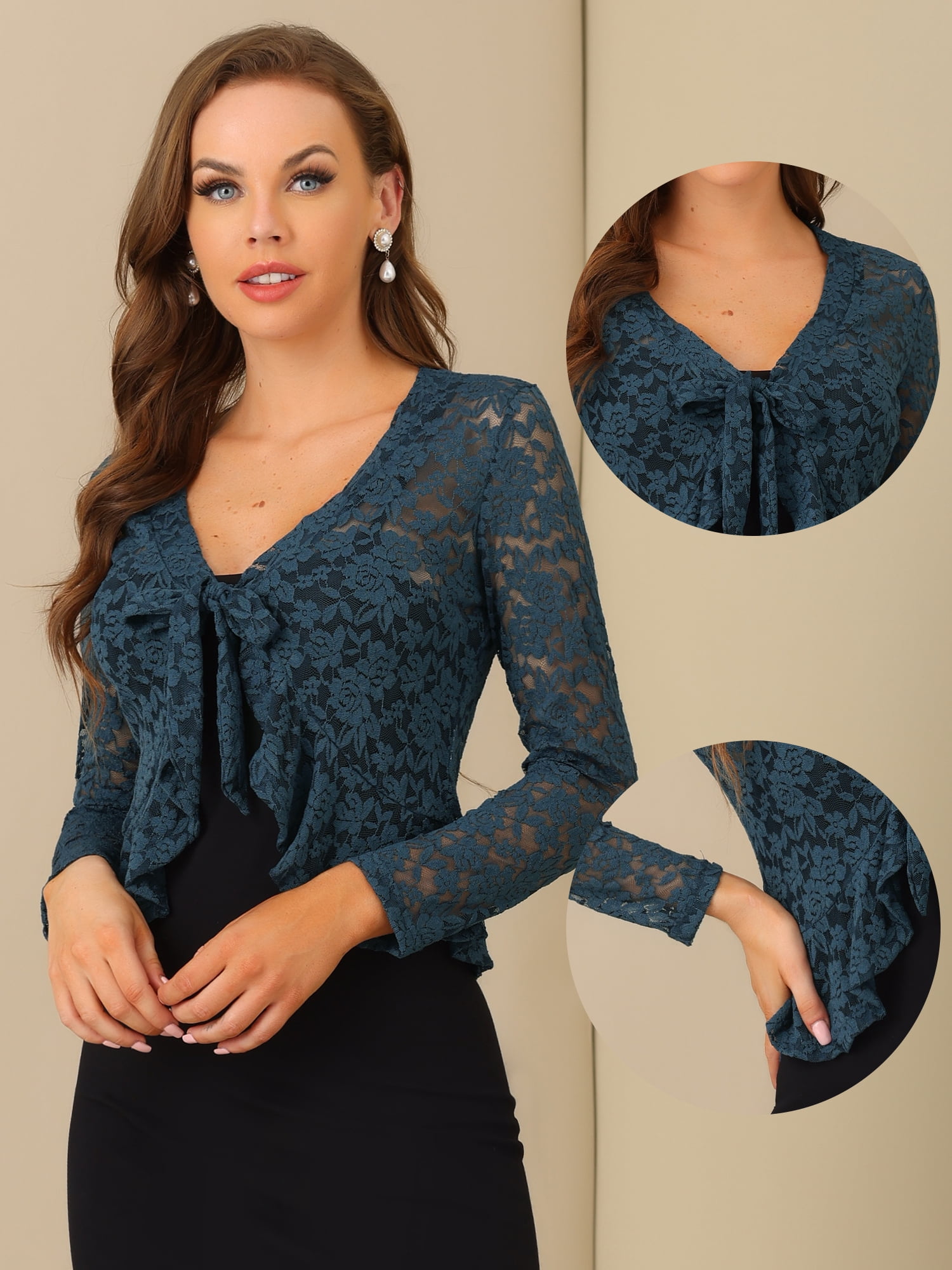 DARING DIVA Women's Ruffled Hem Floral Lace Crop Shrug Cardigan L Dark Blue Grey