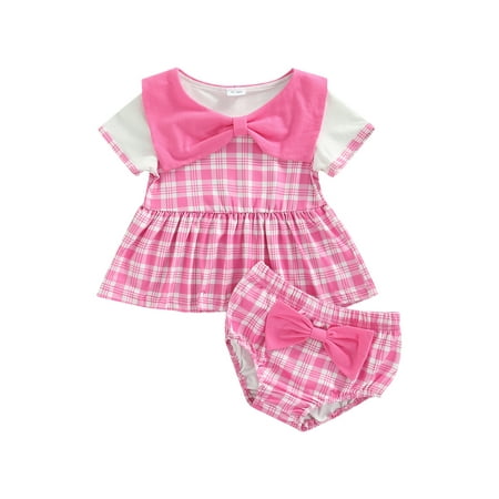 

Suanret 2Pcs Toddler Baby Girls Outfits Short Sleeve Plaid Ruffle Hem Dress Tops + Elastic Waist Bow Decor Shorts Pink 6-9 Months