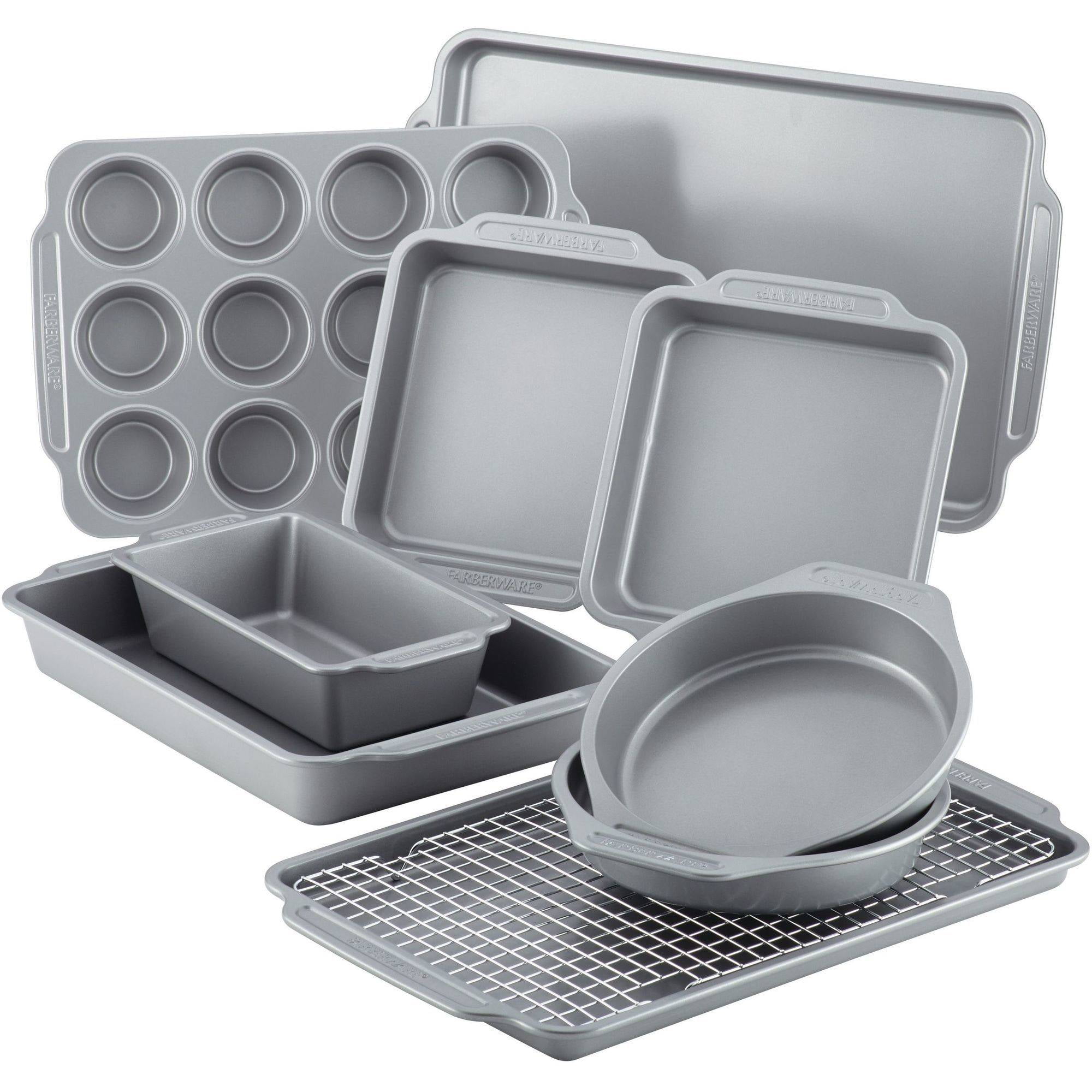 Farberware 10-Piece Nonstick Bakeware Set with Cooling Rack, Grey