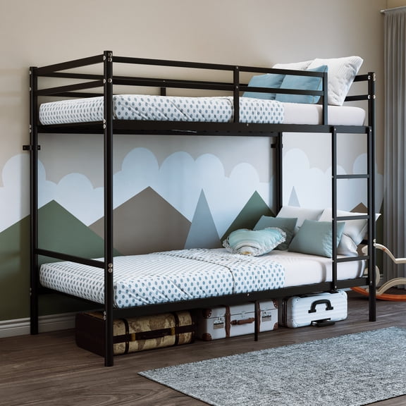 Bunk Bed Twin over Twin with High Guardrails and 19 Slats, Space-Saving Metal Bed Frame and Heavy Duty Bunk Beds for Adults, Black