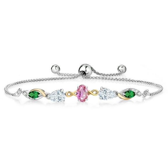 Gem Stone King 925 Silver and 10K Yellow Gold Pink Sapphire White Moissanite Nano Emerald and Lab Grown Diamond Tennis Bracelet for Women By Keren Hanan (1.84 cttw, Adjustable up To 9 inch)
