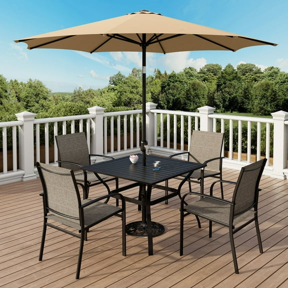 6-Piece Outdoor Patio Dining Set with Metal Steel Square Table & 4 Textilene Chairs & 9ft Patio Beige Umbrella, Black & Gray