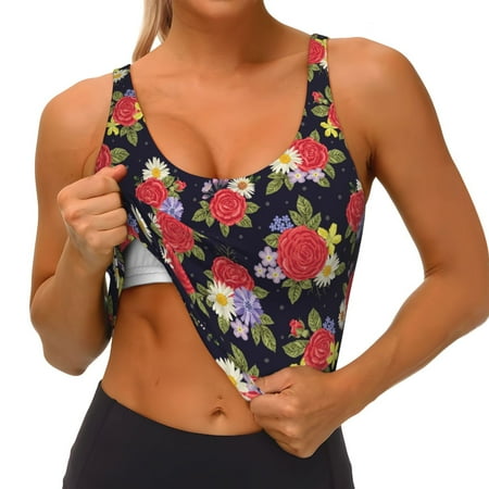 Qokaie Red Rose Flower Pattern Womens Scoop Neck Sports Bra Breathable Workout Vest Padded U Back Medium Impact Fitness Gym Yoga Bra Workout Crop Top