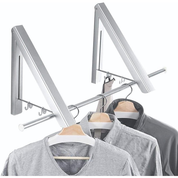 Paquete de 2 estantes de secado para ropa, colgador de ropa retráctil montado en la pared con varilla de 32 pulgadas, colgador plegable para secadora de ropa, color plateado