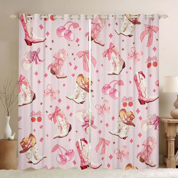 Castle Fairy Western Cowgirl Boots Hats Old Fashion Disco Ball Kawaii Pink Bow Cherry Blackout Curtains for Female Girls, 2 Pack (42x63), Bedroom Curtains