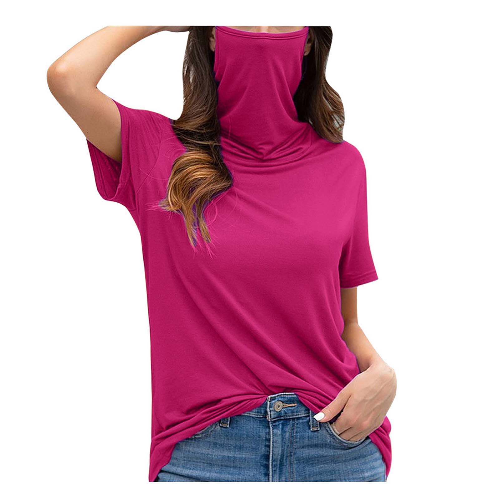 SHOBBW Womens Casual T-Shirt with Face Mask Short Sleeve Solid Color Turtleneck Plus Size Loose Top Blouse 