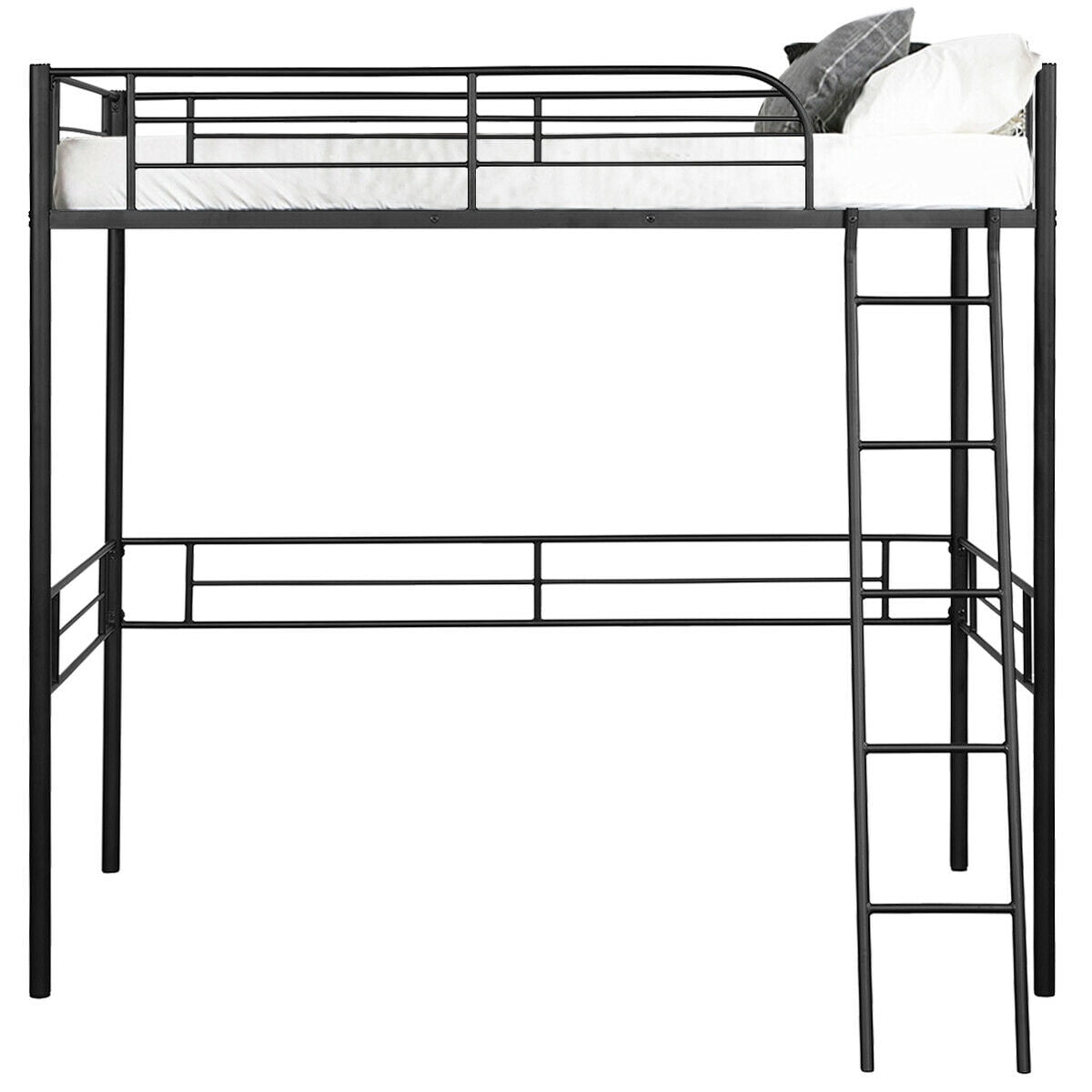 Gymax Loft Metal Single Bed Kids and Teens with Safety Guardrails Ladder, Twin, Black