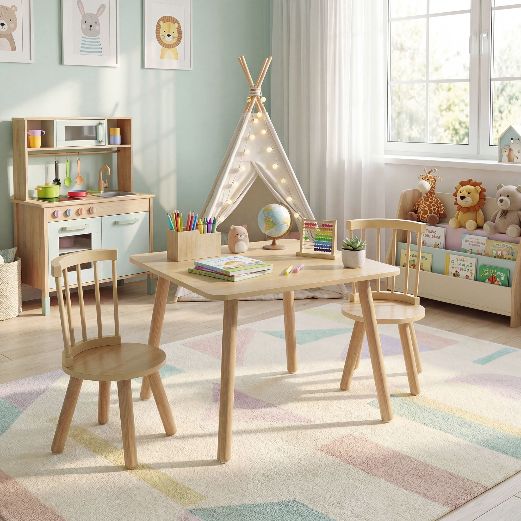 Melissa & Doug Solid Wood Table and 2 Chairs Set - Light Finish
