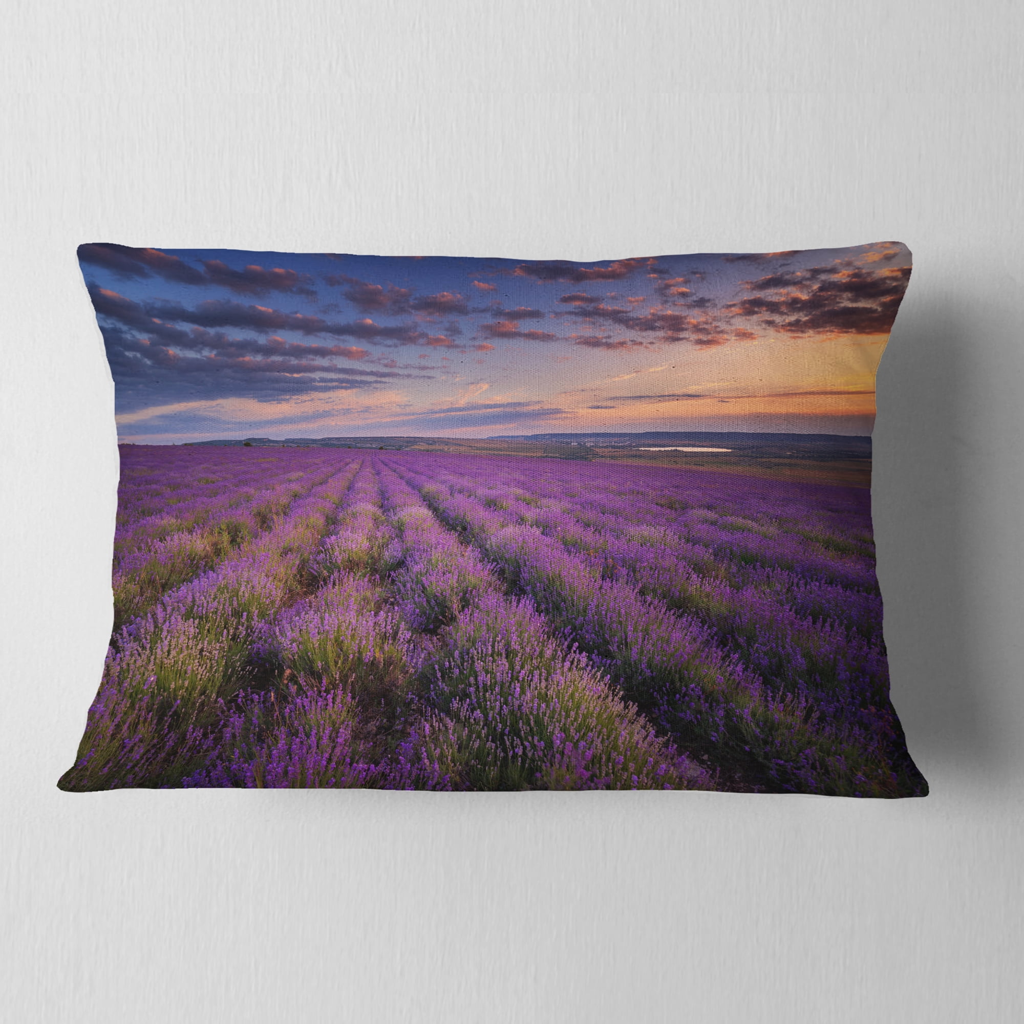 Designart Dark Lavender Field with Cloudy Sky - Floral Throw Pillow - 12x20