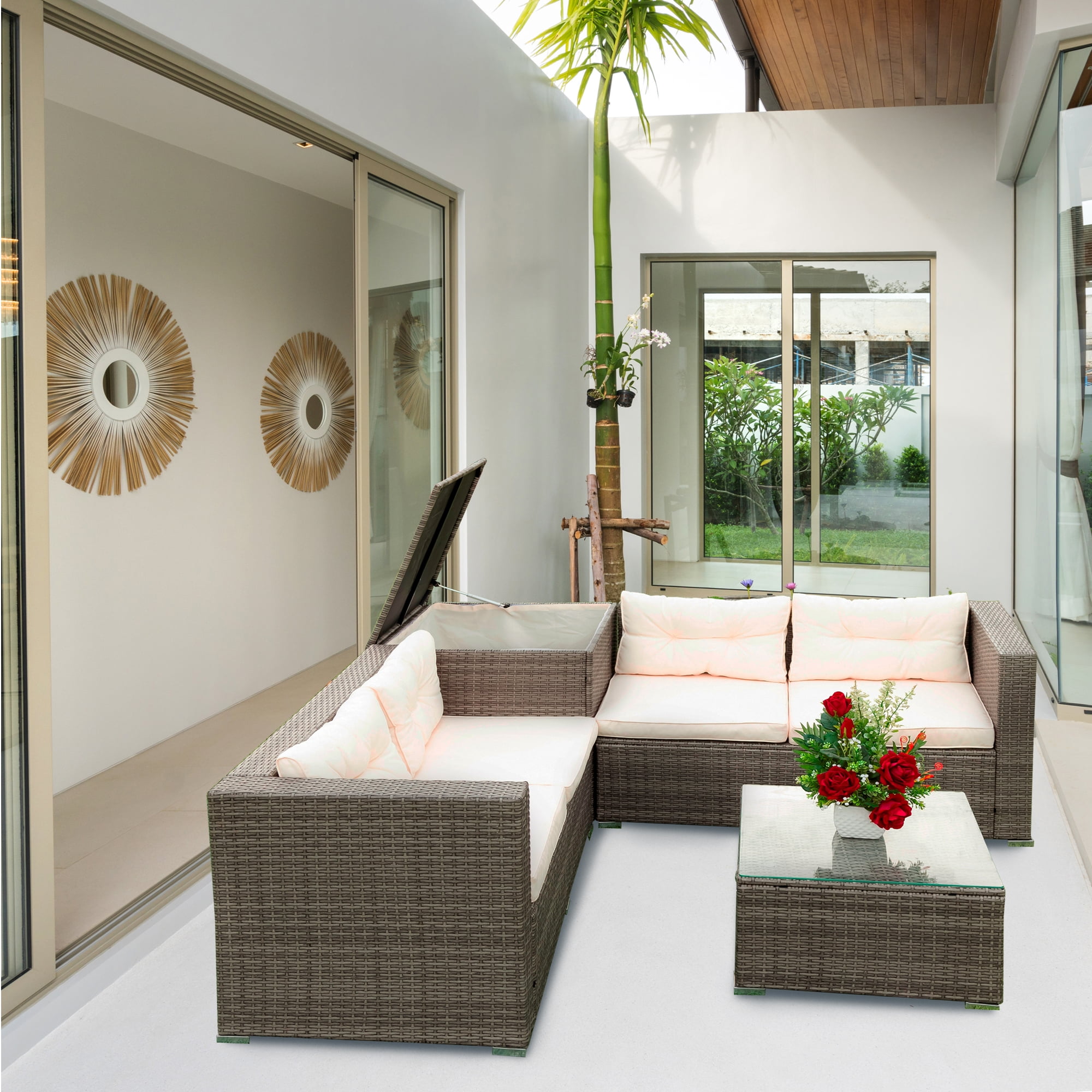 4 Piece Wicker Patio Sofa Set, PE Rattan Outdoor Sectional Sofa Set with Loveseat, Coffee Table and Storage Box, Outdoor Furniture Patio Conversation Sets for Garden Deck Porch Backyard, JA2349