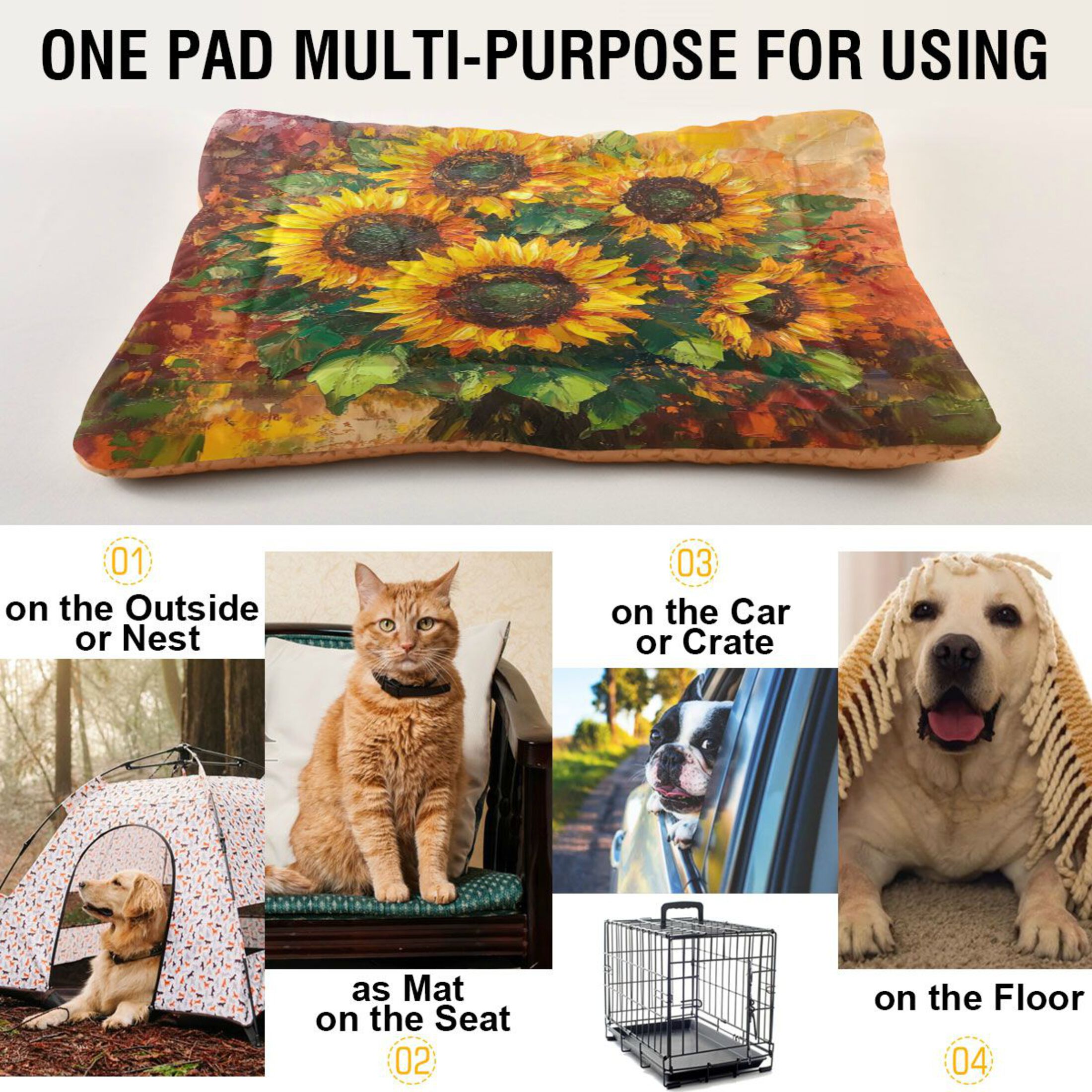 Qxltty Sunflower Bouquet Ped Pad Wear-resistant and Hard to Bite Through Sleeping Pad for Small Medium Large Dogs Winter Pet Bed 36×24in