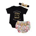 thumbnail image 1 of 3Pcs Tenue Respirante Bébé Filles, Été Doux Style Manches Courtes Col Rond Lettre Romper + Imprimé Floral / Short Imprimé Léopard + Ensemble de Couvre-Chef Arc, 1 of 4