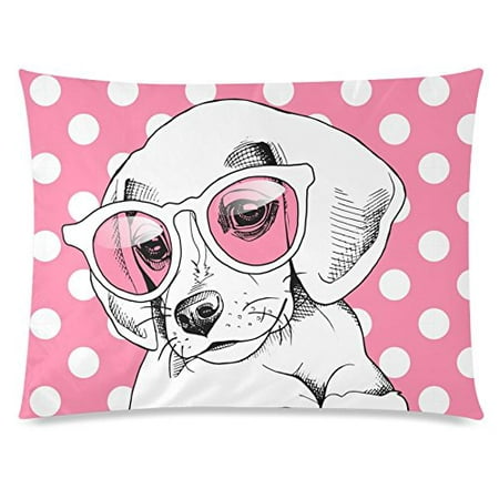 ZKGK Cute Puppy Pug Dog Polka Dot Home Decor, Puppy in Pink Glasses Pillowcase 20 x 30 Inches,Color Soft Cotton Pillow Cover Case Shams Decorative