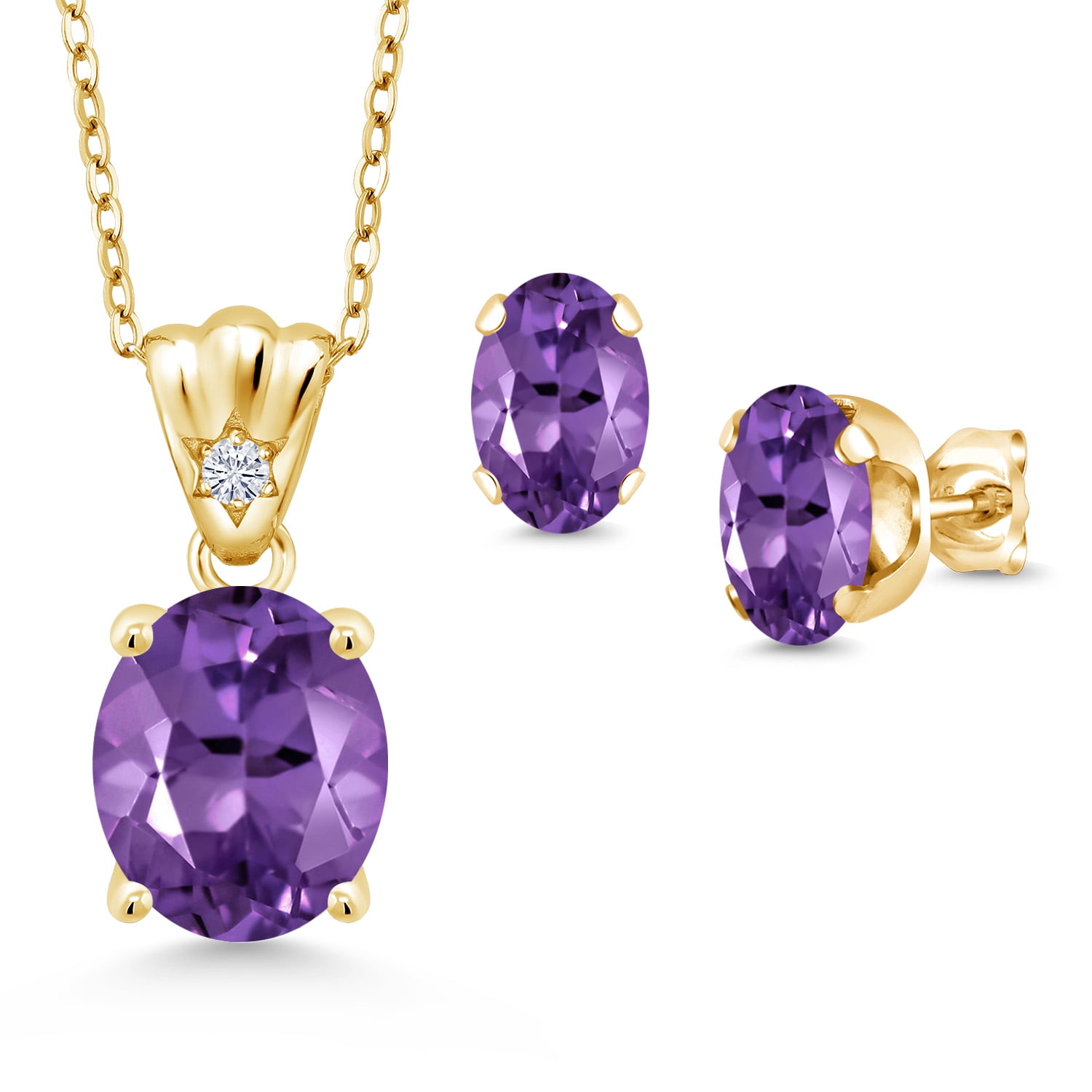 18K Yellow Gold Plated Silver Purple Amethyst and White Lab Grown Diamond Pendant and Earrings Jewelry Set for Women (5.54 Cttw, Gemstone Birthstone, Oval 11X9MM and 8X6MM with 18 inch Silver Chain)