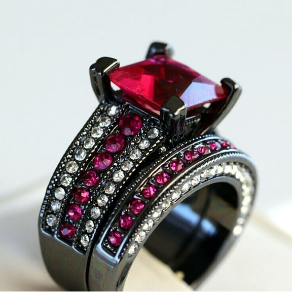 Sparkle Jewels 3Ct Princess Pink CZ 14K Black Gold Plated Bridal Engagement Ring Set
