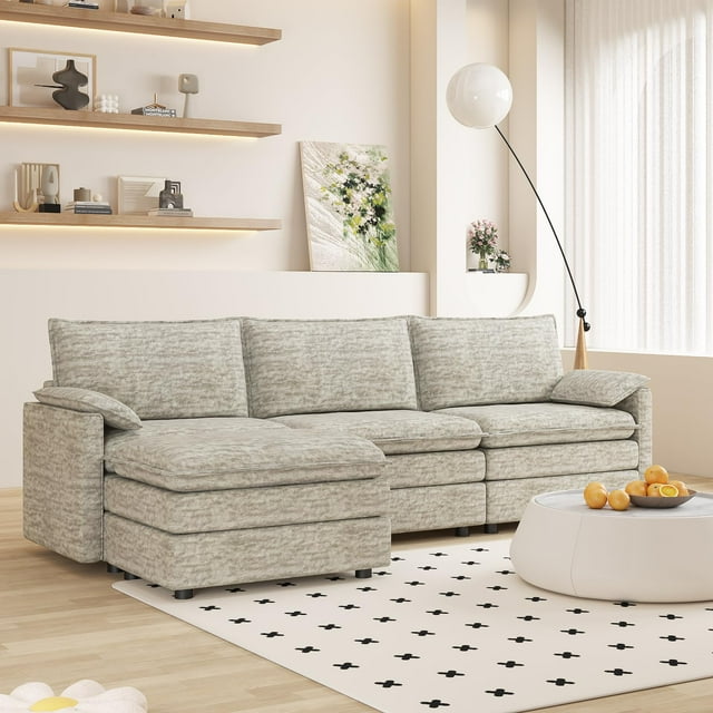 Canapé Sectionnel Modulaire de 108 Pouces avec Ottoman, Canapé Nuage en Chenille en Forme de L pour Salon