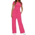 thumbnail image 6 of UVN Summer 2 Piece Outfit Set for Women Ruched Short Sleeve Tops and Wide Leg Pants Casual Tracksuit Ladies Loungewear, 6 of 8