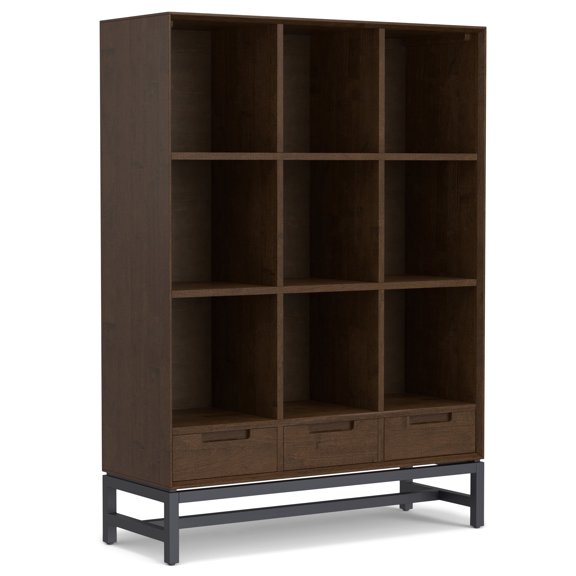 Banting 58 inch x 42 inch Solid Wood Modern Industrial 9 Cube Bookcase with Drawers in Walnut Brown