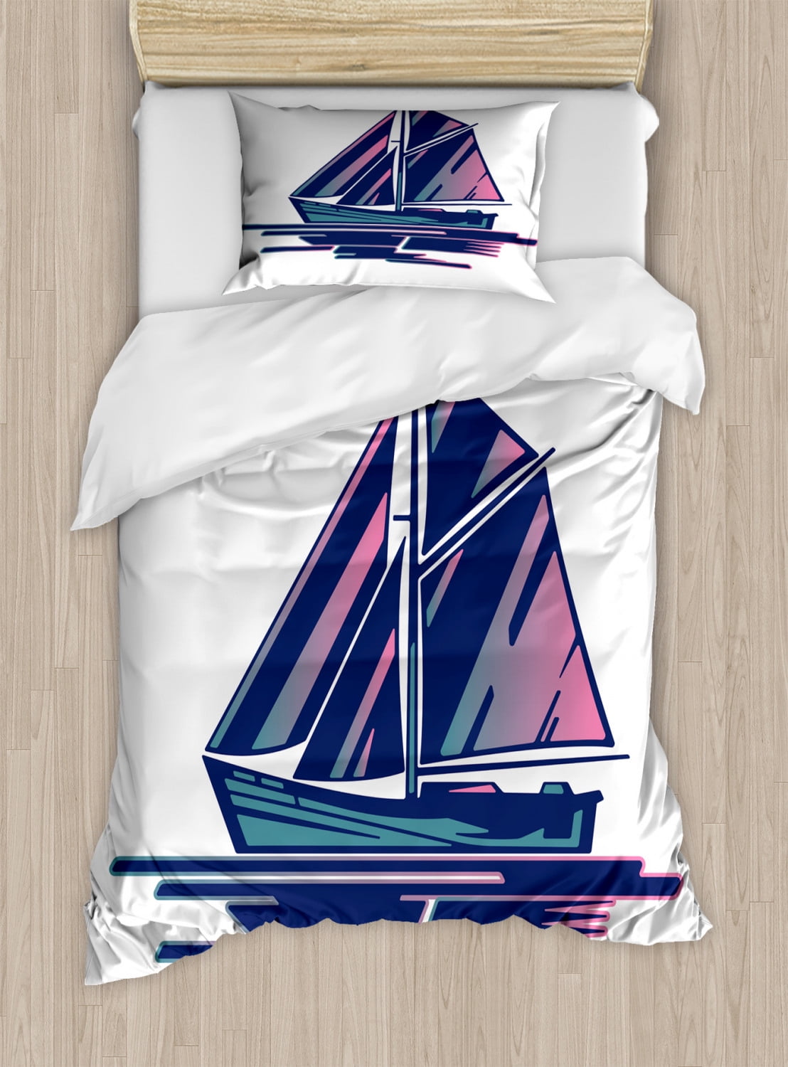 Sailing Boat Duvet Cover Set Twin Size, Continuous Sailing Boat 80's