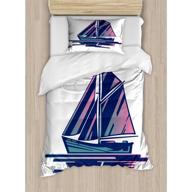 Sailing Boat Duvet Cover Set, Continuous Sailing Boat 80's Style on