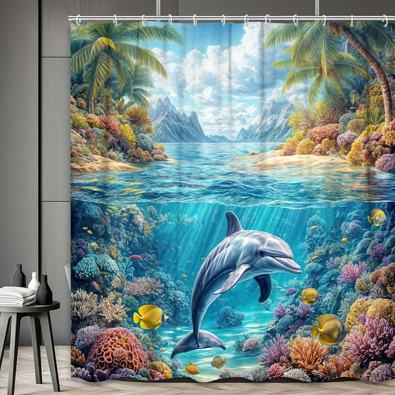 Fish Shower Curtain, Blue Ocean Underwater World Bathroon Curtains Dolphin Tropical Fishes Coral in The Deep Sea, Marine Life Polyester Waterproof Bath Shower Curtain Sets with Hooks,36X70IN