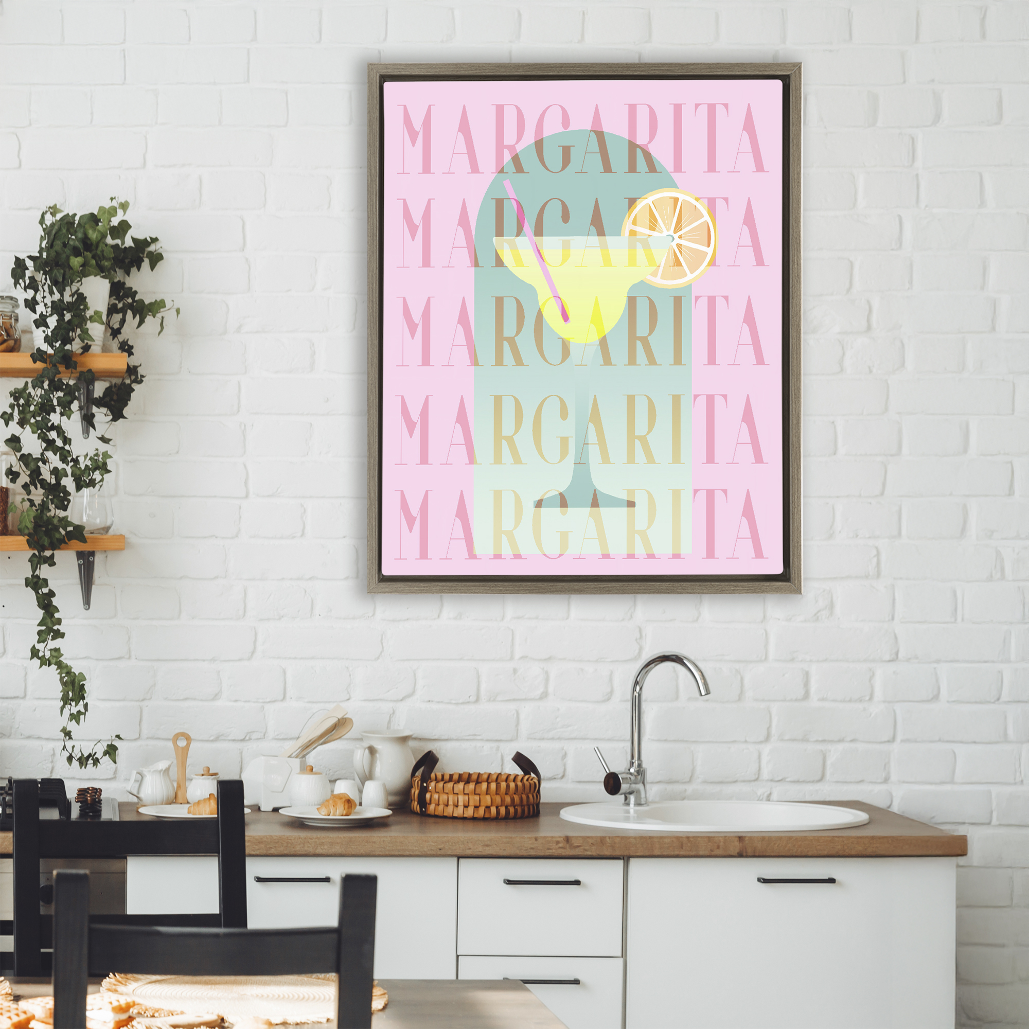 Retro Pastel Margarita Brown Framed Floater Canvas Wall Art, design by Lil' Rue