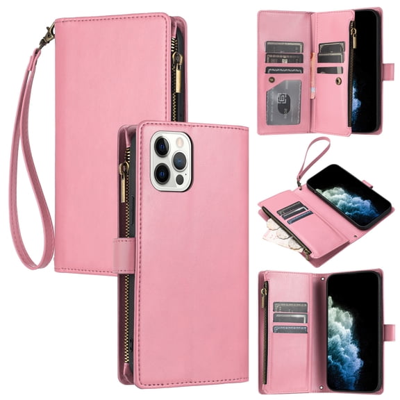SaniMore Wallet Case for iPhone 13 Pro Max, RFID Blocking PU Leather Zipper Handbag Purse Flip Cover, Kickstand Folio Case with Card Slot Wrist Strap Lanyard for iPhone 13 Pro Max, Pink