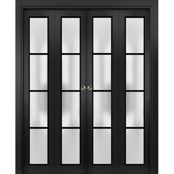 Sliding Closet Double Bi-fold Doors | Planum 2132 Matte Black Frosted Glass | Sturdy Tracks Moldings Trims Hardware Set | Wood Solid Bedroom Wardrobe Doors