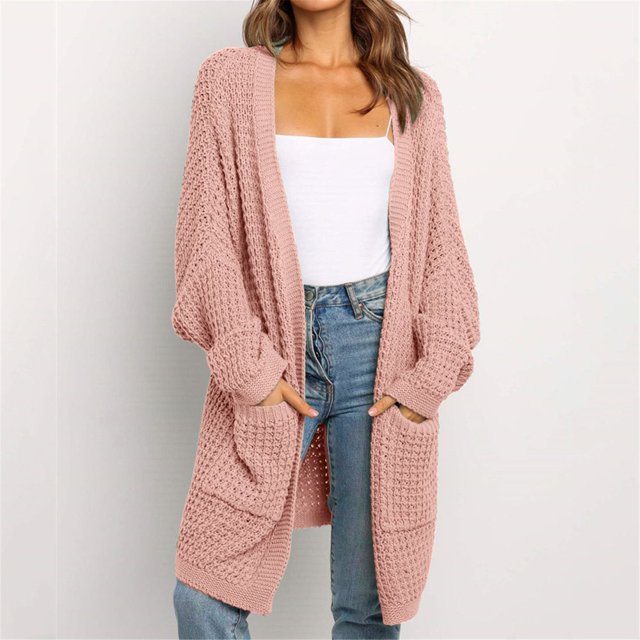 CHUANK Womens Patchwork Cardigan Long Sleeve Open Front Knit Sweaters Coat Pockets Yellow M