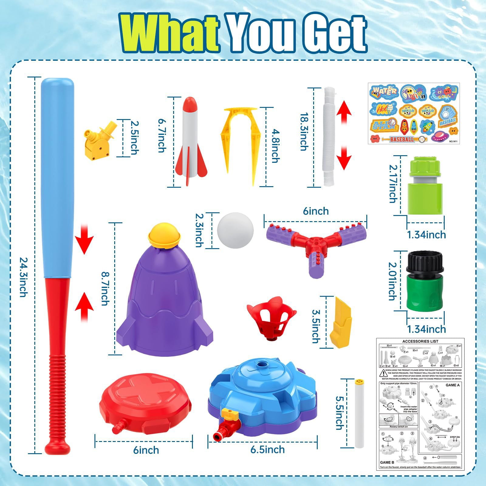 4-in-1 Kids Water Sprinkler Toys, Summer Outdoor Water Baseball/360° Rotating Sprinkler/Stomp Rocket/Rocket Launcher for Backyard Outdoor Summer Toys for Boys Girls