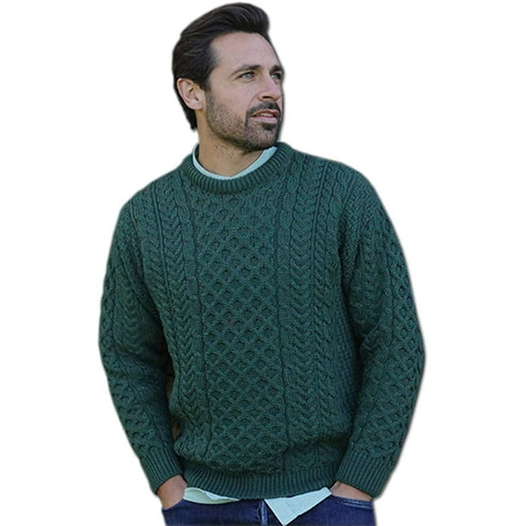 Mens Green Irish Wool Sweater Size X-Large Made By Aran Woollen Mills