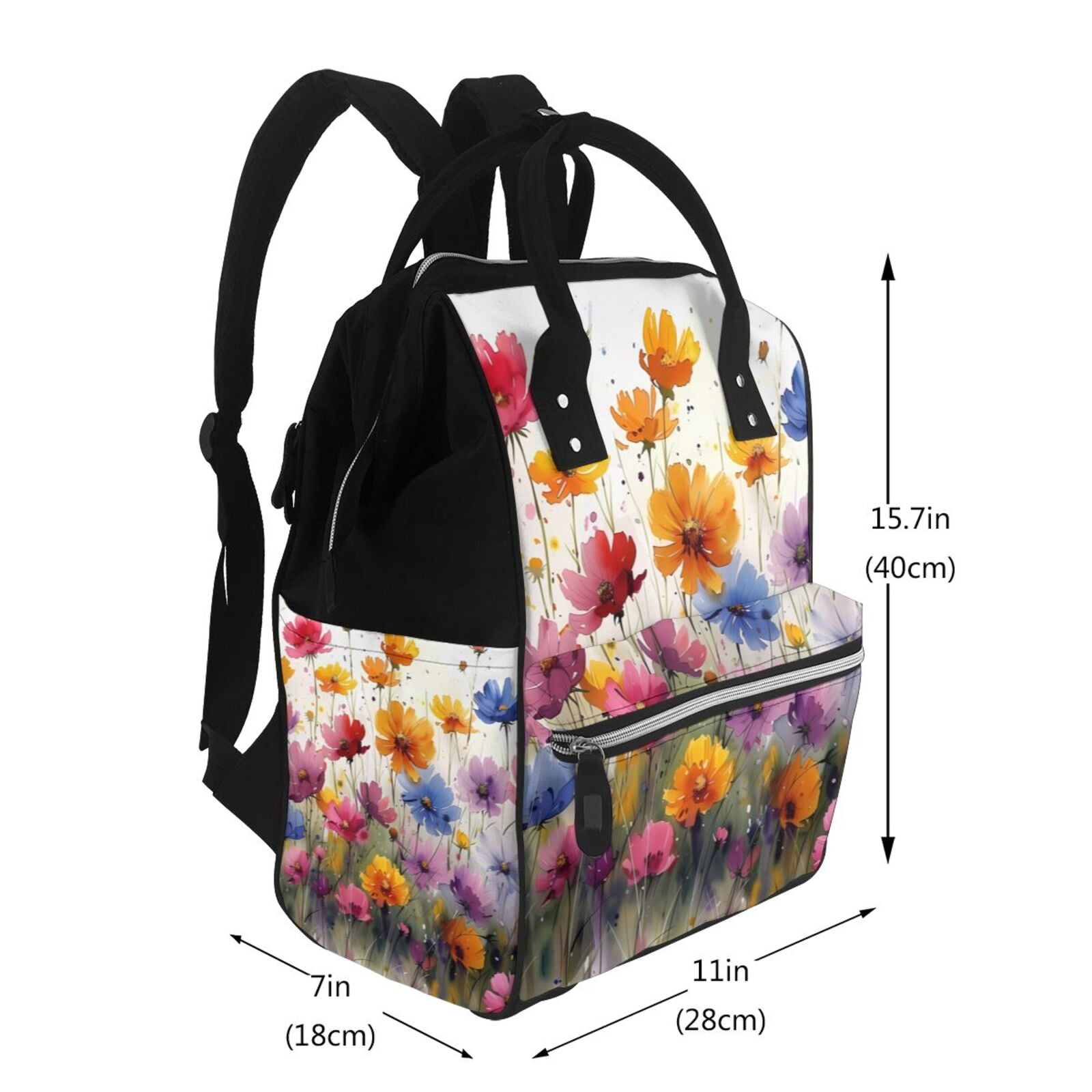 Ratiio Colorful Wildflower Meadow Mummy Backpack - Waterproof Twill Canvas, Large Capacity Diaper Bag with Multiple Pockets and Adjustable Straps