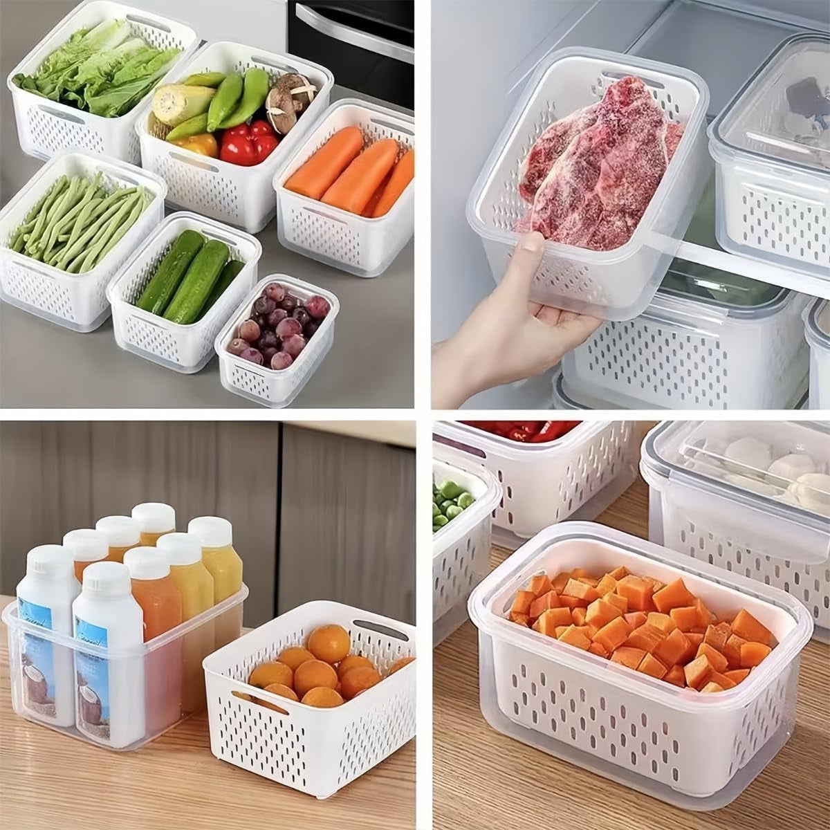 4 in 1 Food Storage Container, Fruit Storage Containers for Fridge, Produce Storage Containers with Lid and Strainer, Including Drain Basket, Kitchen Organizer
