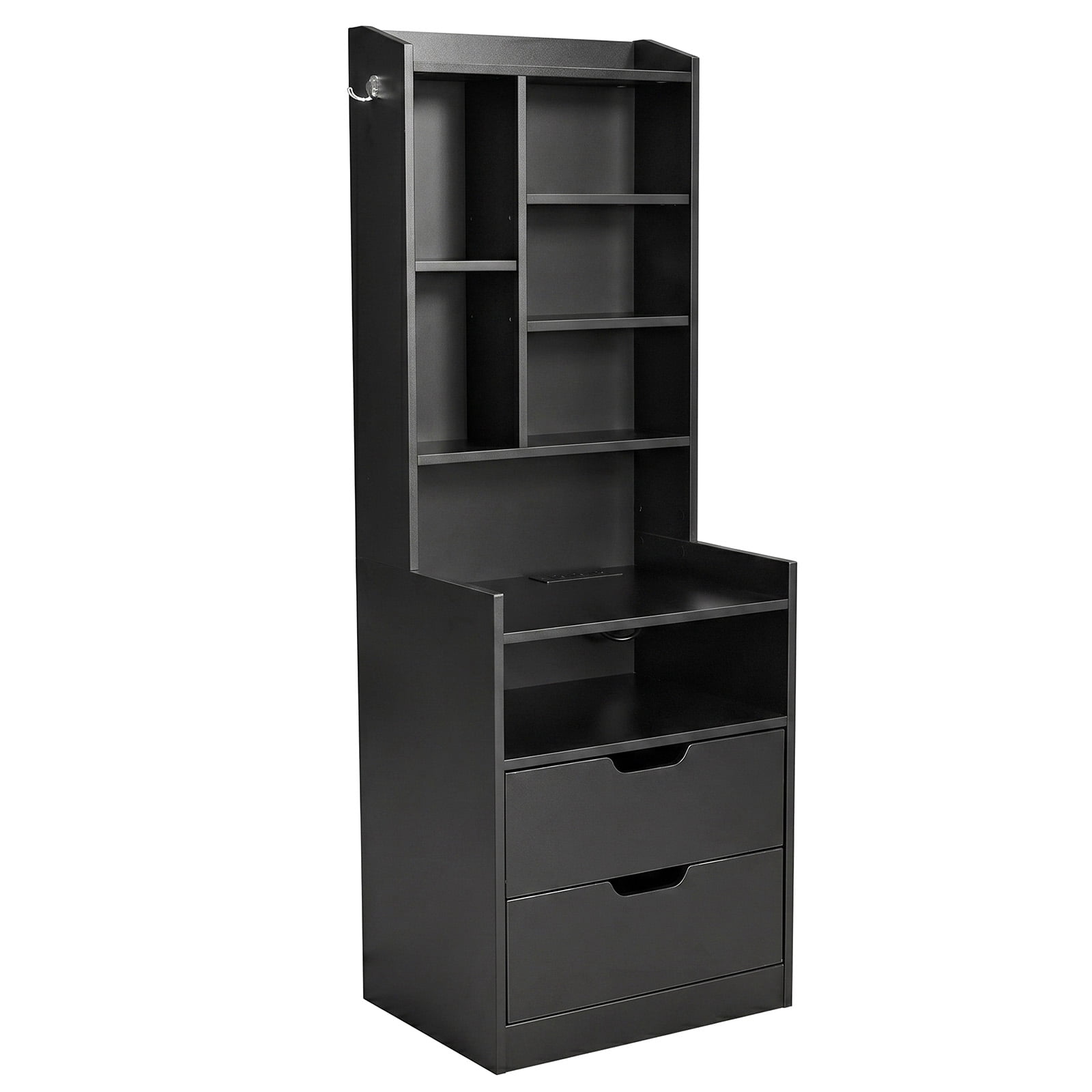 2-Drawer Nightstand with 6-Shelf Storage and Charging Station, Black