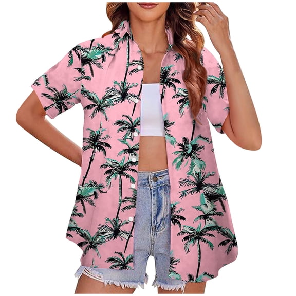 Qulqfy Short Sleeve Summer Shirts for Women Casual Hawaiian Print Fashion Turn Down Collar Drop Shoulder Button Short Sleeve Tops for Women