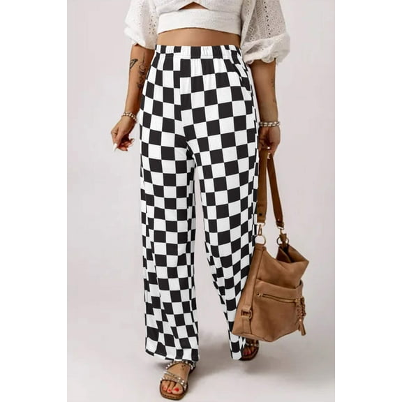 Black 2-Tone Checked Print High Waist Wide Leg Pants