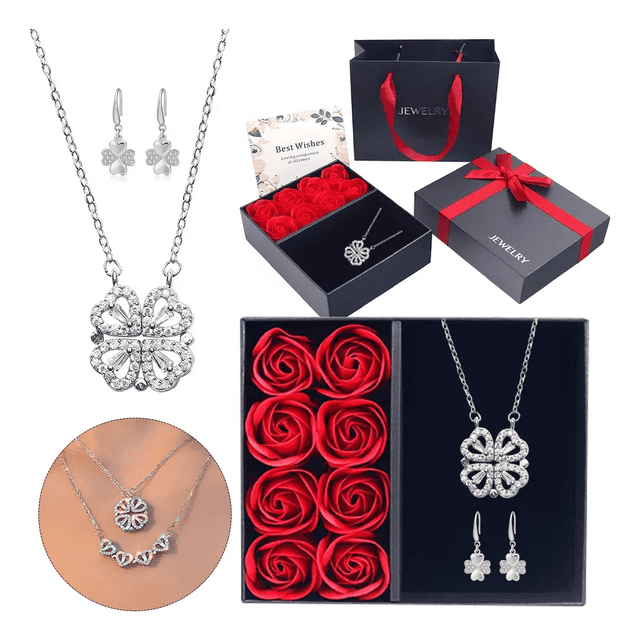 Flores Rosas Eternas Y Collar Cuatro Tréboles Regalo Mujeres Xtellar plateado