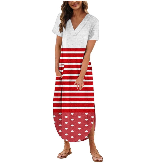 Vestido de Manga Corta para las Mujeres, Vestido Casual de Cuello en V de Bolsillo de Impresión de Moda Sexy Hecho de Poliéster Ligero para el Verano, Vestido de Verano para las Mujeres