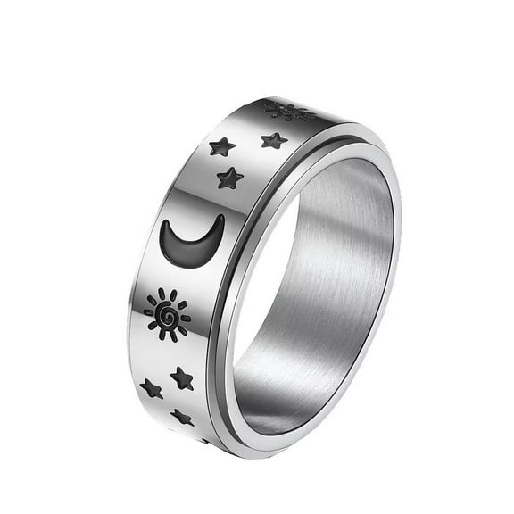 PAMTIER Unisex Stainless Steel 8MM Simple Moon Star Sun Rotatable Lucky Ring Relieving Worry Fidget Wedding Band Boho Jewelry Silver Size 7