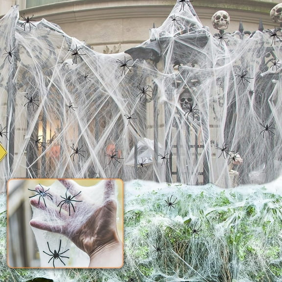 1300 square feet Halloween spider web decoration, including 50 fake spiders, super strong elastic spider web, suitable for Halloween indoor and outdoor decoration.
