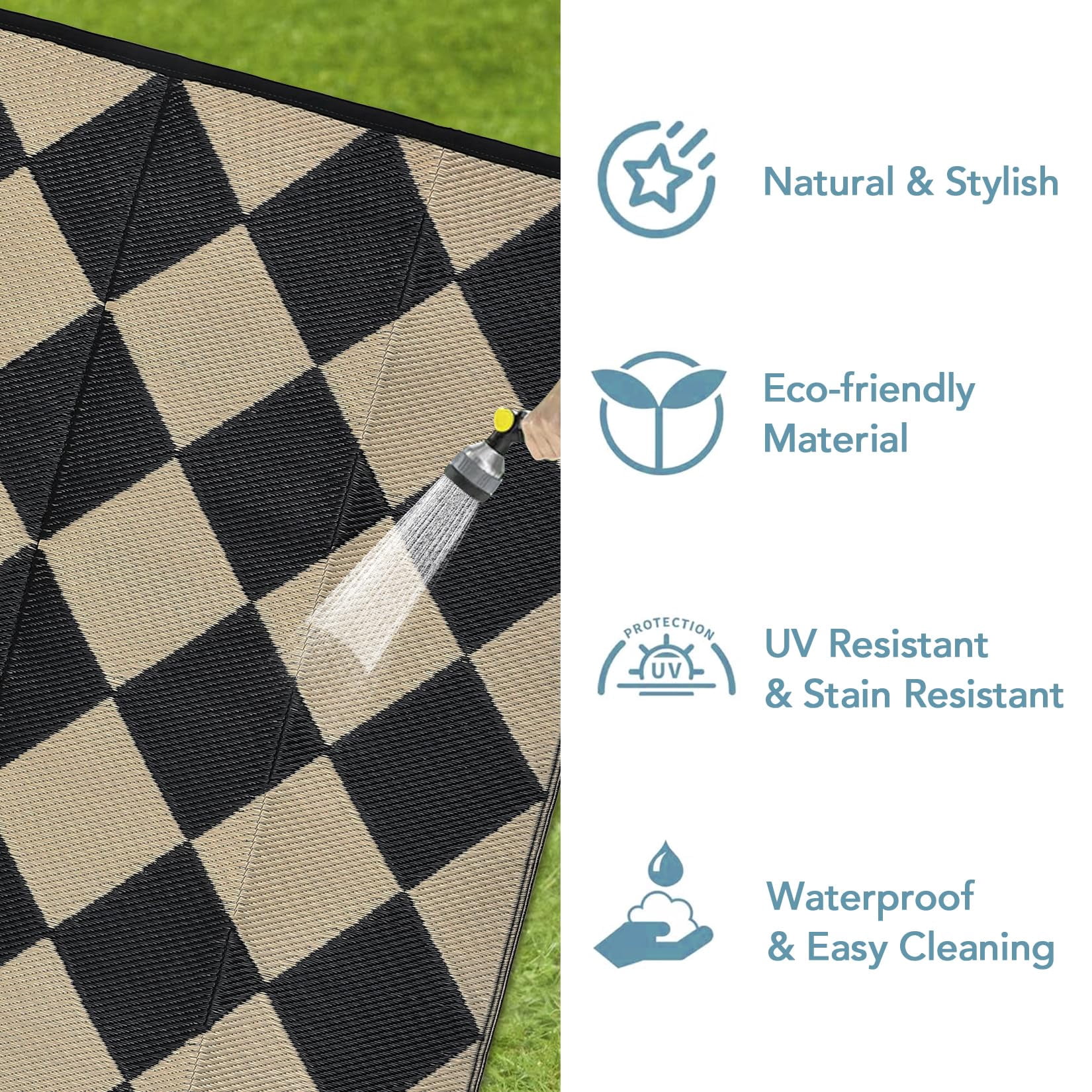 Volkmi Reversible Outdoor Rug – Waterproof Plastic Straw Patio Carpet, Modern Diamond Design, Easy Clean, Collapsible & Portable with Carry Bag – Perfect for Camping,Beach – 9*12ft