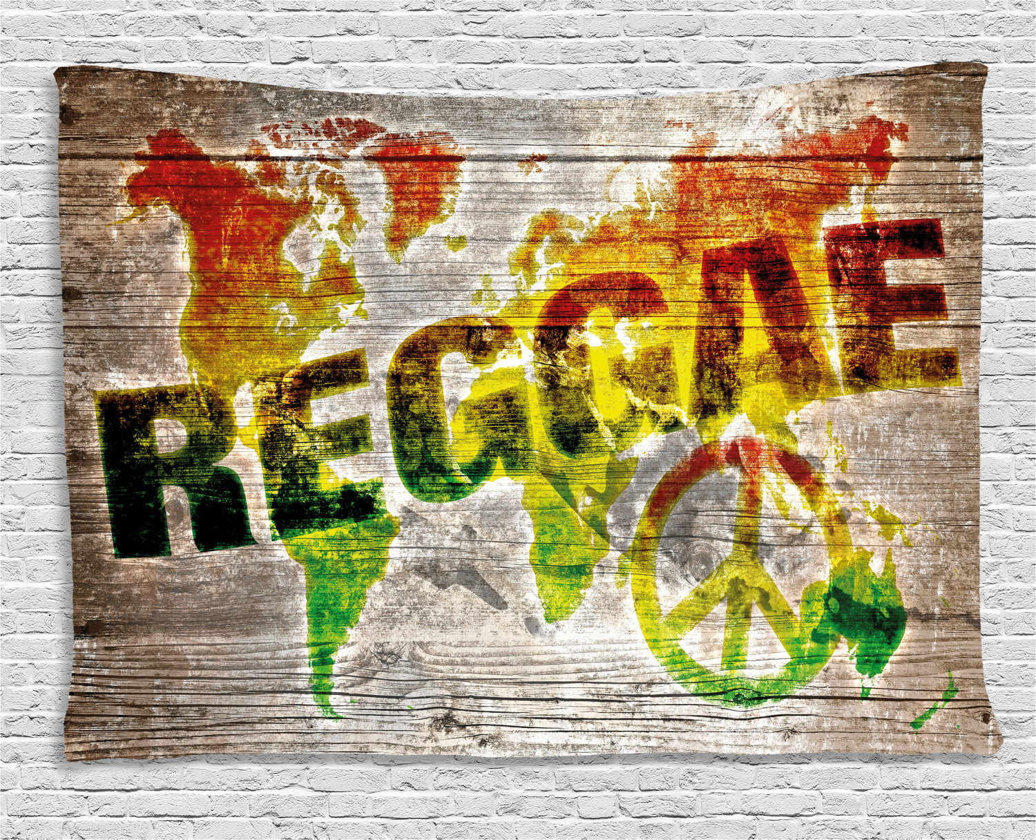 Rasta Tapestry, World Map on Plaques with Reggae Lettering and Peace Symbol, Wall Hanging for