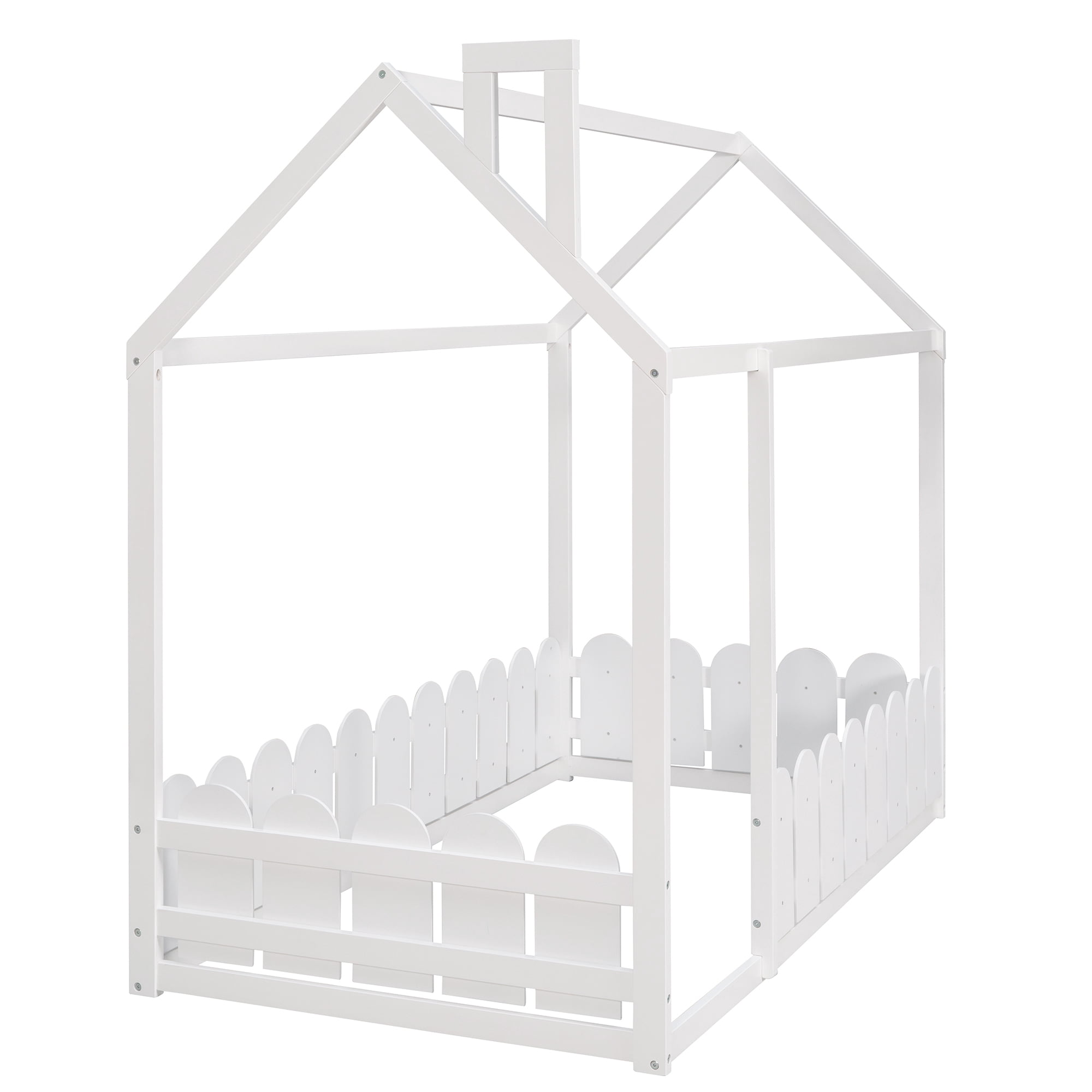 Alvantor Montessori Wood Bed Twin Size House Floor Bed with Fence Playhouse Bed Frame for Girls, Boys White