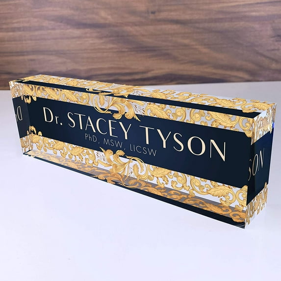 Artblox Office Desk Name Plate Personalized | Custom Name Plates for Desks | Leaf Gold Design On Clear Acrylic Glass | Office Desk Decor - (8" x 2.5")