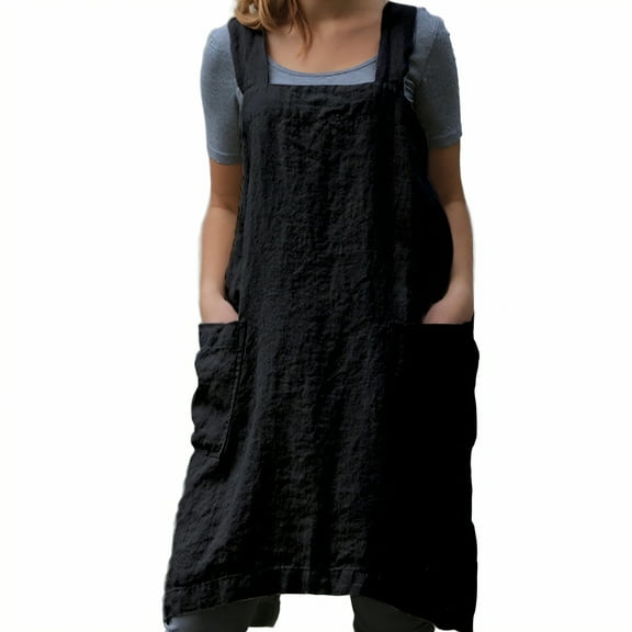 AUQ Aprons for Women with Pockets,Form-Stable Gardening Apron,Cotton-Linen Blend Apron with Pockets,Black,Xl