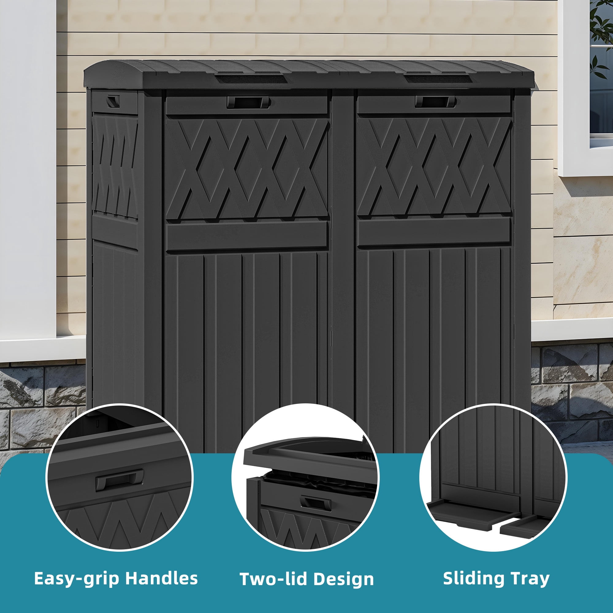 Uforic Double Compartment Outdoor Trash Can, 62 Gallon Waterproof Resin Garbage Bin with Tiered Lid and Drip Tray for Patio Deck Backyard, Black