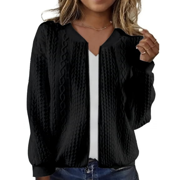 Women's Zip Up Cardigan Sweater Cable Outerwear Long Sleeve Casual Jacket Collar Outfits Trendy Sweatshirt Coat, Black, S