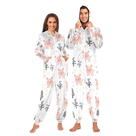 Adult Christmas Onesie Pink Pigs Christmas Trees White Heart Zipper One-Piece Pajamas Unisex with Pockets